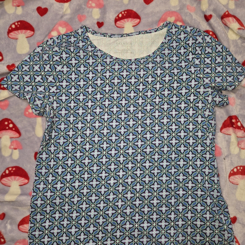 Talbots Geometric Blouse Womens Top Size Medium Blue NWOT